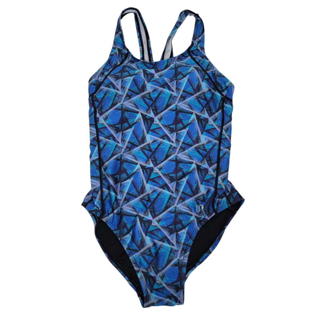 NWT Syrokan Racerback Swimsuit Blue Geometric 34E Athletic One Piece Training
